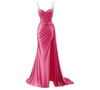 YIANN Robe de bal en satin avec col en V pour femme - Robe de soirée formelle sirène 2025 avec fente, rose vif, 38
