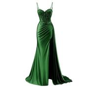 YIANN Robe de bal en satin avec col en V pour femme - Robe de soirée formelle sirène 2025 avec fente, vert émeraude, 36