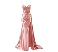 YIANN Robe de bal en satin avec col en V pour femme - Robe de soirée formelle sirène 2025 avec fente, vieux rose, 38