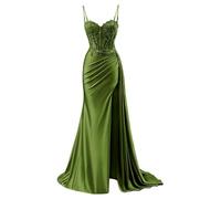 YIANN Robe de bal en satin avec col en V pour femme - Robe de soirée formelle sirène 2025 avec fente, vert olive, 34