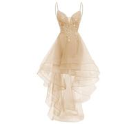 YIANN Robe de bal en tulle avec appliques en dentelle pour adolescents avec bretelles spaghetti et col en V, robe de bal formelle, champagne, 36