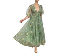 YIANN Robe de bal en tulle avec broderie florale pour femme, col en V, manches bouffantes, longueur thé, robe de bal, vert sauge, 44