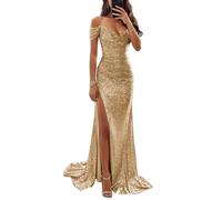 YIANN Robe de bal longue à paillettes pour femmes - Robe de soirée à épaules dénudées style sirène avec fente, doré, 38