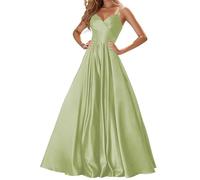 YIANN Robe de bal longue plissée en satin à bretelles spaghetti pour femme avec col en V, vert sauge, 34