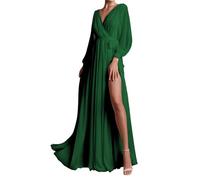 YIANN Robe de demoiselle d'honneur à manches longues avec fente plissée en mousseline de soie - Robe de soirée formelle, vert émeraude, 46