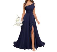 YIANN Robe de demoiselle d'honneur asymétrique en mousseline de soie avec fente plissée longue robe de soirée formelle, bleu marine, 44