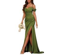 YIANN Robe de demoiselle d'honneur en satin à épaules dénudées pour femme, robe de bal formelle plissée avec fente, vert olive, 38