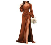 YIANN Robe de demoiselle d'honneur en satin à manches longues avec fente plissée pour femme, robe de bal de fin d'année, robe de soirée formelle, orange brûlé, 48 Grande taille