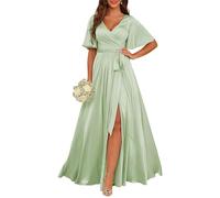 YIANN Robe de demoiselle d'honneur en satin avec col en V et manches - Robe de soirée formelle avec fente, vert sauge, 44