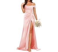 YIANN Robe de demoiselle d'honneur en satin avec fente et col bénitier et bretelles spaghetti pour femme, rose, 36