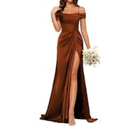 YIANN Robe de demoiselle d'honneur en satin avec fente et col bénitier et bretelles spaghetti pour femme, orange brûlé, 38
