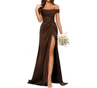 YIANN Robe de demoiselle d'honneur en satin avec fente et col bénitier et bretelles spaghetti pour femme, marron, 42