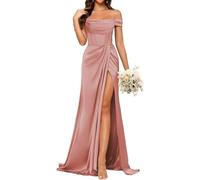 YIANN Robe de demoiselle d'honneur en satin style sirène pour femme avec fente, col bénitier, bretelles spaghetti - Longue robe de bal, vieux rose, 44