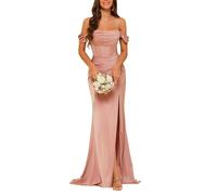 YIANN Robe de demoiselle d'honneur sirène à épaules dénudées pour femmes en satin avec corset - Robe de bal longue avec ruches formelle - Robe de soirée rose poudré UK6