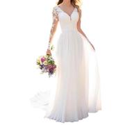 YIANN Robe de mariée à manches longues avec appliqués en dentelle pour mariée, col en V, élégante robe de mariée en mousseline à jupe évasée, blanc, 42