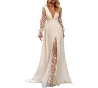 YIANN Robe de mariée à manches longues avec ouverture en dentelle, col en V profond, robe de mariée en mousseline de soie, blanc, 40