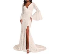 YIANN Robe de mariée bohème à manches flottantes pour femme - Robe de mariée longue sirène en dentelle - Robe de mariée de plage, blanc, 42