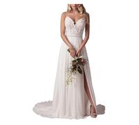 YIANN Robe de mariée bohème en mousseline de soie avec fente pour femme - Bretelles spaghetti - Applique en dentelle - Robe de mariée de plage, ivoire, 38