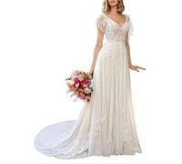 YIANN Robe de mariée bohème pour femme avec dos nu en tulle, blanc, 38