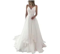 YIANN Robe de mariée en tulle pour femme - Sans manches - Longue robe de mariée plissée à bretelles spaghetti - Robe de fête de fiançailles, blanc, 46