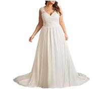 YIANN Robe de Mariée Grande Taille en Mousseline de Soie, Applique en Dentelle, Balayage Train, Ligne A, Col V, Ivoire, 60