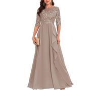 YIANN Robe de mère de la mariée à manches mi-longues en dentelle et mousseline de soie pour femme, robe formelle pour invitée de mariage, taupe, 38