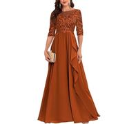 YIANN Robe de mère de la mariée à manches mi-longues en dentelle et mousseline de soie pour femme, robe formelle pour invitée de mariage, orange brûlé, 42