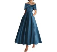 YIANN Robe de mère de mariée à épaules dénudées, robe de longueur thé pour femmes avec poches, robe de soirée en satin, bleu sarcelle, 38