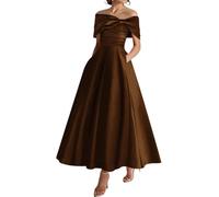 YIANN Robe de mère de mariée à épaules dénudées, robe de longueur thé pour femmes avec poches, robe de soirée en satin, marron, 42