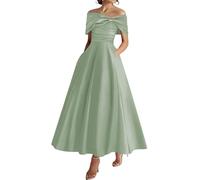 YIANN Robe de mère de mariée à épaules dénudées, robe de longueur thé pour femmes avec poches, robe de soirée en satin, vert sauge, 44