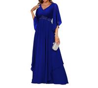 YIANN Robe de soirée formelle à manches volantées pour femme - En dentelle froncée - Applique taille empire, bleu marine, 46