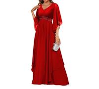 YIANN Robe de soirée formelle à manches volantées pour femme - En dentelle froncée - Applique taille empire, Rouge, 46