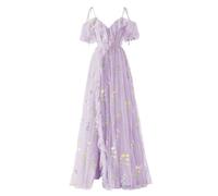 YIANN Robe de soirée formelle en tulle avec broderie florale et bretelles spaghetti et col en V pour femme, lilas, 60 Grande taille