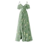 YIANN Robe de soirée formelle en tulle avec broderie florale et bretelles spaghetti et col en V pour femme, vert sauge, 38