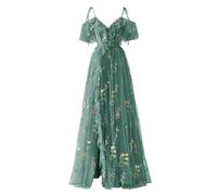 YIANN Robe de soirée formelle en tulle avec broderie florale et bretelles spaghetti et col en V pour femme, paon, 50 Grande taille