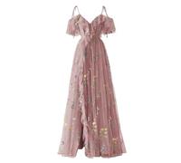 YIANN Robe de soirée formelle en tulle avec broderie florale et bretelles spaghetti et col en V pour femme, vieux rose, 38