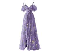YIANN Robe de soirée formelle en tulle avec broderie florale et bretelles spaghetti et col en V pour femme, lavande, 44