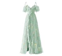 YIANN Robe de soirée formelle en tulle avec broderie florale et bretelles spaghetti et col en V pour femme, vert menthe, 48 Grande taille