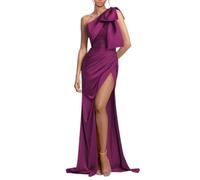 YIANN Robe de soirée longue en satin pour femme avec nœud fendu, robe de bal de fin d'année, de mariage, de bal, prune, 50 plus