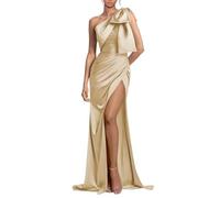 YIANN Robe de soirée longue en satin pour femme avec nœud fendu, robe de bal de fin d'année, de mariage, de bal, champagne, 46