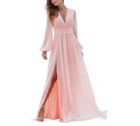 YIANN Robe formelle à manches longues pour femme avec col en V en mousseline de soie et manches, rose, 42