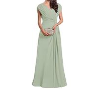 YIANN Robe longue formelle plissée en mousseline de soie avec col en V pour femme, vert sauge, 38