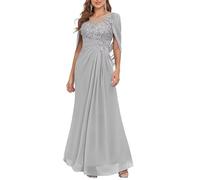 YIANN Robe longue mère de la mariée pour femme avec dentelle appliques cape mousseline robe de soirée formelle, Argenté., 52 Grande taille