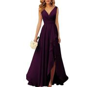 YIANN Robes de demoiselle d’honneur en mousseline à col en V pour femmes avec fente, robe de soirée élégante à ruches longue, prune, 42
