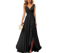 YIANN Robes de demoiselle d’honneur en mousseline à col en V pour femmes avec fente, robe de soirée ruchée en mousseline longue et formelle, Noir , 42