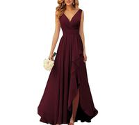 YIANN Robes de demoiselle d’honneur en mousseline à col en V pour femmes avec fente, robe de soirée ruchée en mousseline longue et formelle, bordeaux, 36