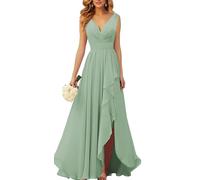 YIANN Robes de demoiselle d’honneur en mousseline à col en V pour femmes avec fente, robe de soirée ruchée en mousseline longue et formelle, vert sauge, 38