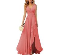 YIANN Robes de demoiselle d’honneur en mousseline à col en V pour femmes avec fente, robe de soirée ruchée en mousseline longue et formelle, corail, 40