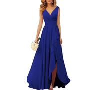 YIANN Robes de demoiselle d’honneur en mousseline à col en V pour femmes avec fente, robe de soirée ruchée en mousseline longue et formelle, bleu marine, 46