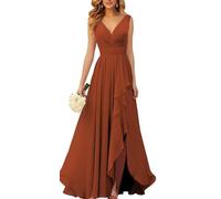 YIANN Robes de demoiselle d’honneur en mousseline à col en V pour femmes avec fente, robe de soirée ruchée en mousseline longue et formelle, orange brûlé, 44